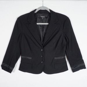 BEBE Womens Blazer Size 10 Crop Short Black Cuff Sleeve Button Front Jacket